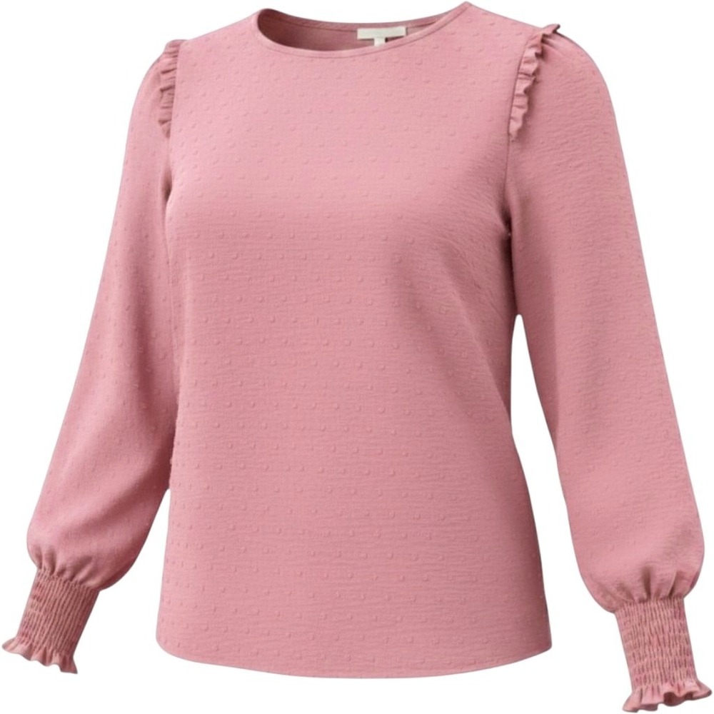 Les Amis Womens L Swiss Dot Ruffle Shoulder Smocked Cuff Blouse Pink T1308-A NWT